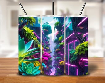 Solar Punk Tumbler Wrap: Neon Succulent Sci-Fi City (Digital Download PNG)