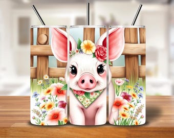 Rustic Piglet Tumbler Wrap | Farmhouse Floral 20oz Sublimation PNG