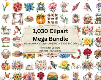 Cottagecore Watercolor Clipart Mega Bundle: 1030+ PNG & SVG Floral Graphics (Digital Download