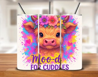 Highland Cow Bright Floral Tumbler Wrap | Colorful Watercolor PNG for 20oz Skinny Tumblers