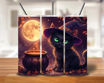 Pattern Title: Witchy Black Cat Tumbler Wrap | Halloween Cauldron & Moon Design