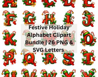 Festive Holiday Alphabet Clipart Bundle | 26 PNG & SVG Letters