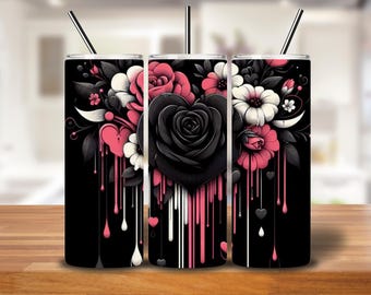 Gothic Heart Rose Tumbler Wrap | Black Heart with Red & White Roses Digital PNG