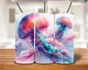 Watercolor Jellyfish Tumbler Wrap - Ocean Sea Life 20oz PNG (Digital Download)