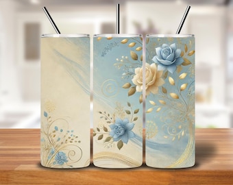 Blue Gold Floral Vintage Rose Tumbler Wrap | 20oz Seamless PNG