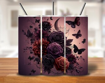 Gothic Floral Moon Tumbler Wrap: Midnight Bloom PNG (20oz Skinny Tumbler Digital Download)
