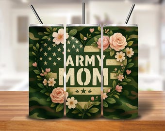Army Mom Floral Camo Tumbler Wrap | 20oz Military Mom PNG for Sublimation