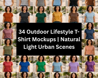 Urban Street Style T-Shirt Mockup Bundle – 34 Natural Light PNG & Canva Templates