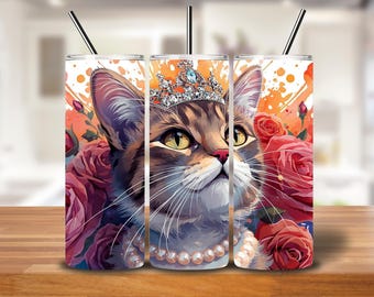 Cat Tumbler Wrap | Fancy Watercolor Cat with Crown & Roses PNG