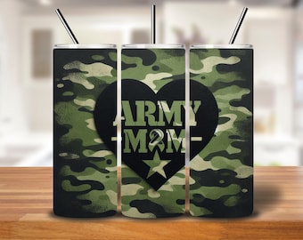 Army Mom Camo Heart Tumbler Wrap | 20oz Military Sublimation PNG Download