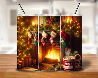 Cozy Cabin Glow Christmas Tumbler Wrap – Fireplace & Stockings PNG