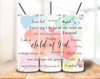 Affirmation Tumbler Wrap | Christian Sublimation Design | 20oz Skinny Tumbler PNG