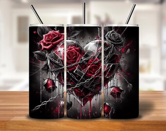 Shattered Glass Heart Tumbler Wrap | Gothic Roses & Chains PNG