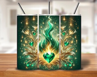 Emerald Heart Flame Tumbler Wrap: Jeweled Gemstone PNG (Digital Download 20oz Skinny Tumbler Design)