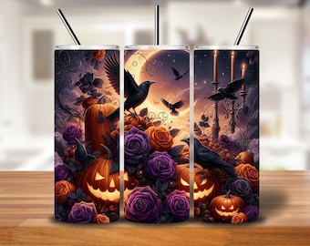 Gothic Halloween Tumbler Wrap: Jack-O'-Lantern, Raven & Roses (PNG Digital Download)