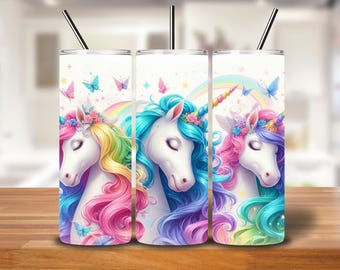 Rainbow Unicorn Tumbler Wrap | 20oz Sublimation PNG with Pastel Unicorns & Butterflies
