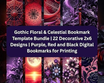 Gothic Floral & Celestial Bookmark Template Set — 22 Printable 2x6 Designs