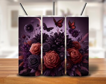 Celestial Tumbler Wrap: Gothic Moon, Roses & Butterflies (PNG Digital Download 20oz Skinny Tumbler Design)
