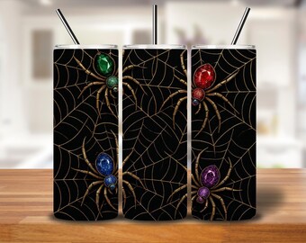 Gothic Spiderweb Tumbler Wrap | Black & Gold with Jewel Spiders PNG