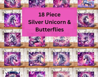 Unicorn Tumbler Wrap: Silver Horse & Butterflies PNG (20oz Skinny Sublimation, Digital Download)