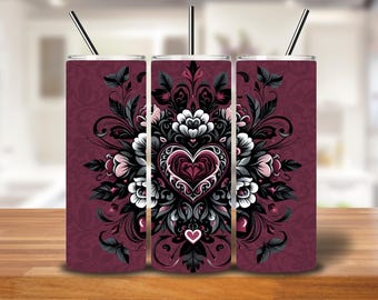 Burgundy Gothic Heart Tumbler Wrap PNG for 20oz Skinny Tumblers