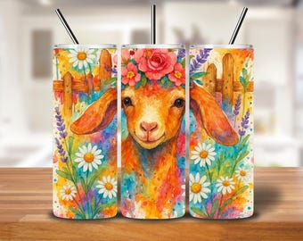 Goat Tumbler Wrap | Watercolor Farm Animal Floral 20oz PNG
