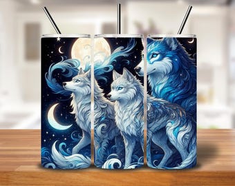 Celestial Spirit Wolf Tumbler Wrap | 20oz Sublimation PNG | Moonlit Fantasy Wolf Design