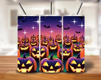 Glowing Jack-o'-Lantern Tumbler Wrap: Halloween Midnight Design (Digital PNG, 20oz Skinny Tumbler