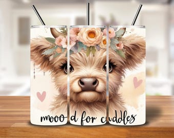 Highland Cow Tumbler Wrap: Floral Crown, 20oz Skinny Tumbler (PNG Digital Download)