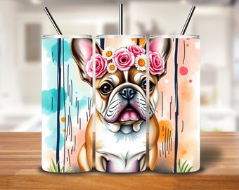 French Bulldog Tumbler Wrap – Dog with Flower Crown PNG Sublimation