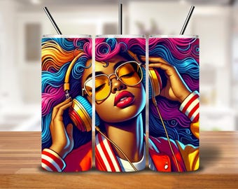 Afro Pop Art 20oz Tumbler Wrap: Woman with Headphones (Digital Download)