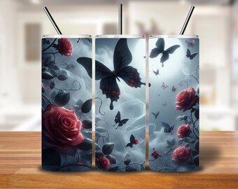 Black Butterfly & Rose Tumbler Wrap | Gothic Fantasy PNG Design