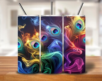 Peacock Feather Tumbler Wrap: Colorful Smoke Art, 20oz PNG (Digital Download)