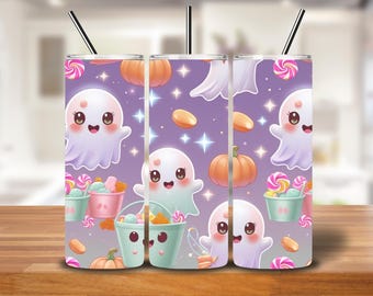 Cute Ghost Party Tumbler Wrap | Pastel Halloween Ghosts & Candy Digital PNG, 20oz Skinny Tumbler Sublimation Design, Lavender Pumpkin Wrap