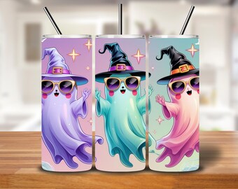 Pattern Title: Glam Ghost Tumbler Wrap | Pastel Witch Hat & Sunglasses Design