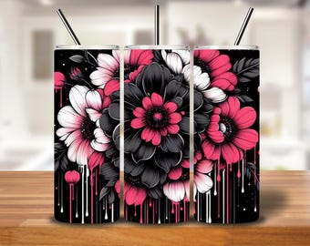Gothic Floral Tumbler Wrap | Bold Black Pink & White Flowers Digital PNG
