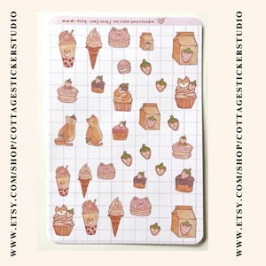 Pink kawaii cats desserts sticker sheet, bullet journal cat stickers, strawberry cats bujo stickers, cute cat stickers for journaling, bujo