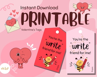 Write Friend for Me, Valentine's Day Card Printable for Kids, Instant Download, School Valentine's Favor Tag, Valentine's Day Tag