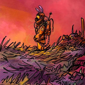 Könnte beinhalten: Digitale Illustration einer Figur in einem orangefarbenen Schutzanzug mit Hasenohren und Gasmaske, die in einem Feld aus lila und grünem Gras steht. Der Hintergrund ist ein Farbverlauf aus Rosa und Orange.