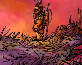 May include: Digital illustration of a figure in an orange hazmat suit with bunny ears and a gas mask, standing in a field of purple and green grass. The background is a gradient of pink and orange.