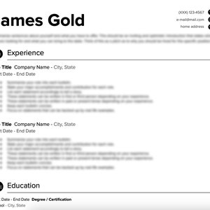 May include: A resume for James Gold, with contact information at the top, followed by sections for experience and education.