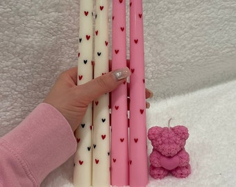 Set Handmade Taper Candles with Red Hearts, Hand painted Taper candles, Valentines Taper candles, Bridesmaid taper candles, Wedding Tapers