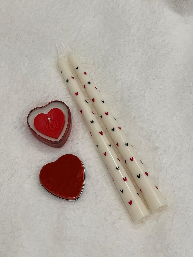 Set of 3, Black Heart Taper Candles, Heart Jar Candle, Hand Painted Red