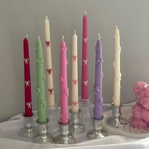Set Handmade Taper Candles with bow, Hand painted taper candles, Natural Soy and Bees wax Taper Candles