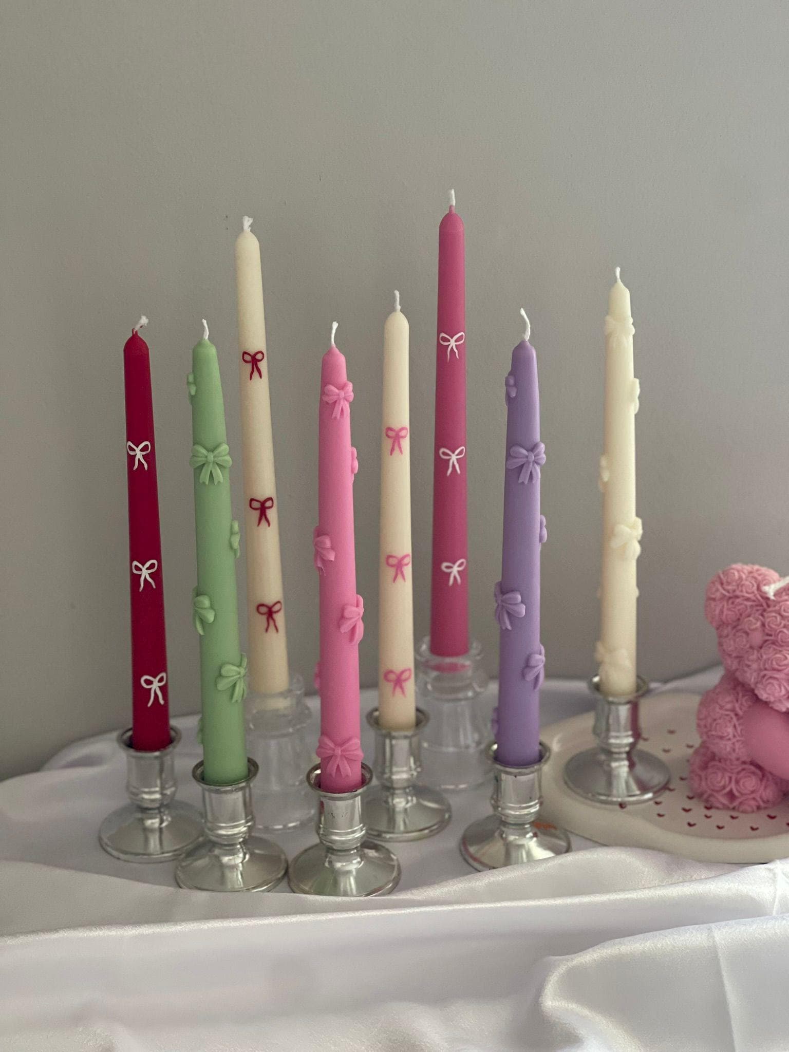 Set Handmade Taper Candles with bow, Hand painted taper candles, Natural Soy and Bees wax Taper Candles