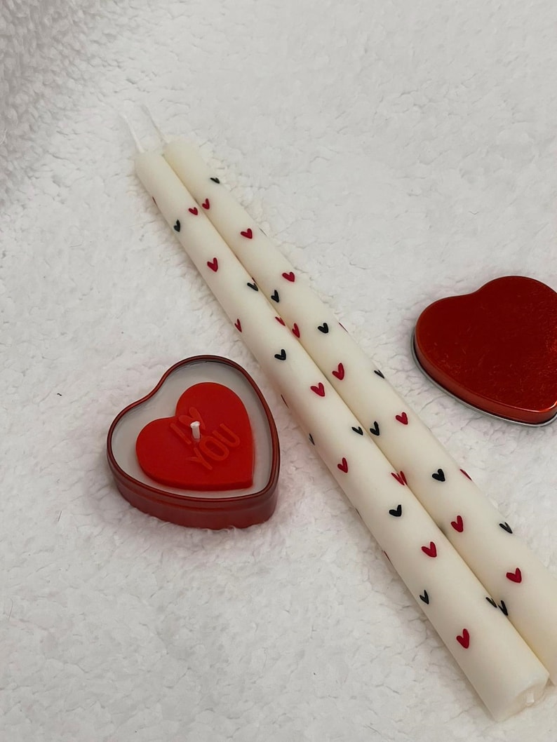 Set of 3, Black Heart Taper Candles, Heart Jar Candle, Hand Painted Red
