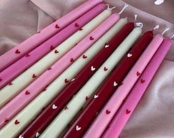 Handmade Soy& Beeswax Taper Candles with Red Hearts, Valentine's Day Decor
