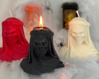 Large Veiled Skull Candle, Soy Wax Halloween Decor