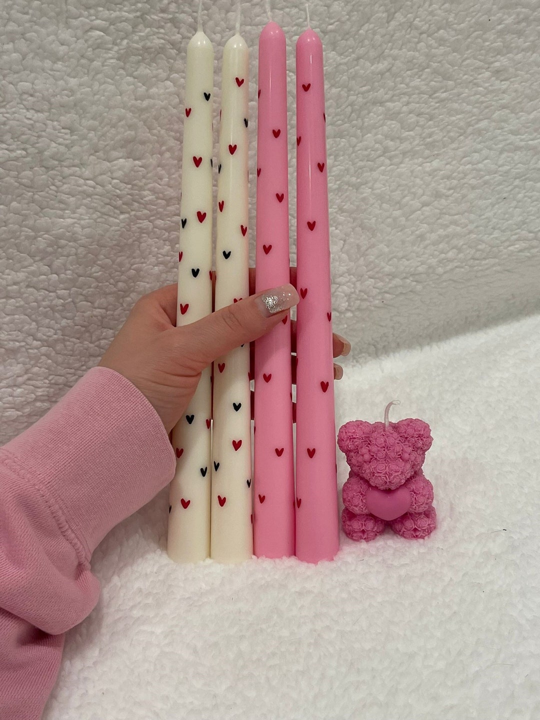 Set Handmade Taper Candles With Red Hearts, Hand Painted Taper Candles