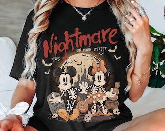 Camiseta de Halloween de Disney, camiseta de Mickey y Minnie de Pesadilla en la Calle Mayor, camiseta con gráfico de esqueleto espeluznante, traje vintage de Halloween de Disney